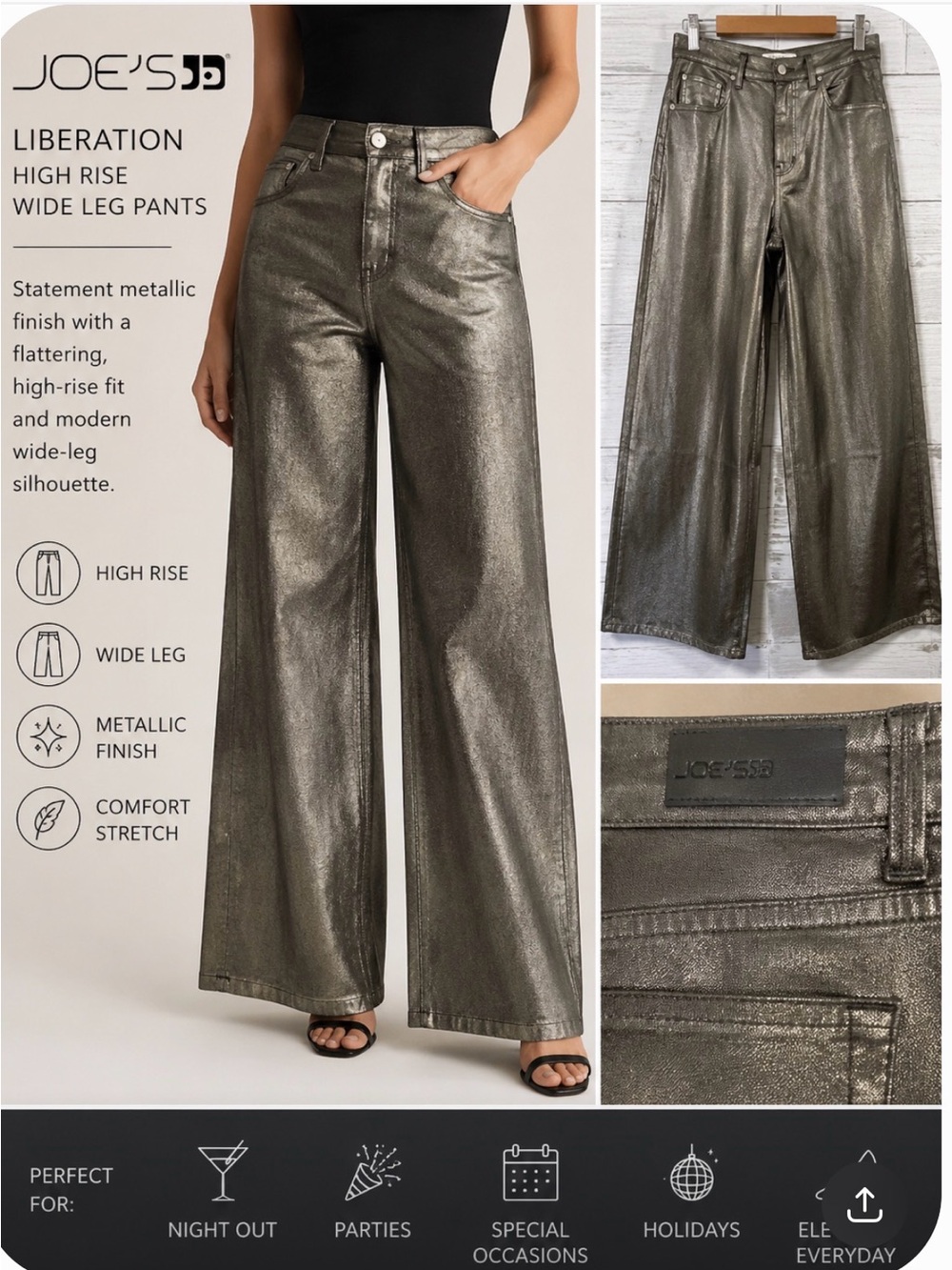 Joe’s Jeans High Rise Liberation Wide Leg Ankle Jeans Pewter Foil Metallic Sz 26